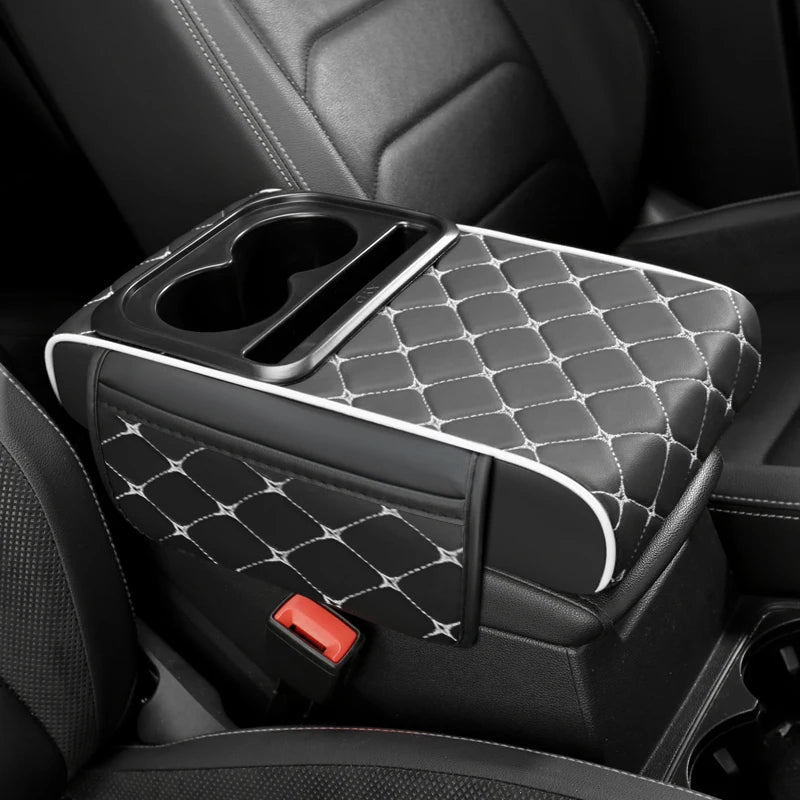 PU Leather Car Center Console Armrest Cushion – Height Pad with Cup Holder and Storage Slots - Delicate Leather  