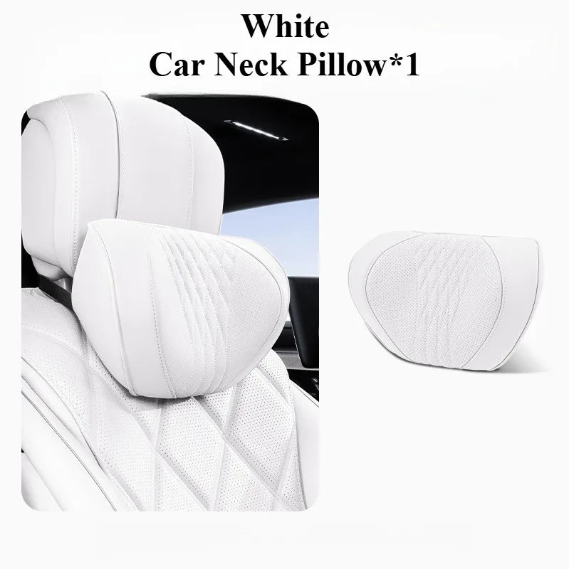 Soft Memory Foam Car Neck & Lumbar Pillow Set – Leather Headrest for Comfortable Driving - Delicate Leather  