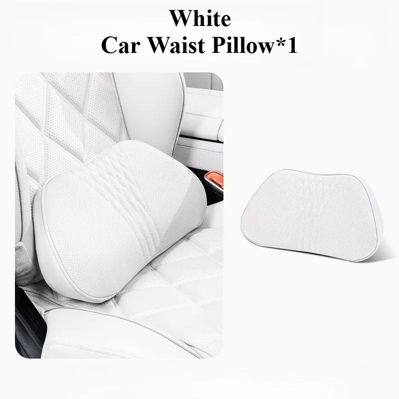 Soft Memory Foam Car Neck & Lumbar Pillow Set – Leather Headrest for Comfortable Driving - Delicate Leather  