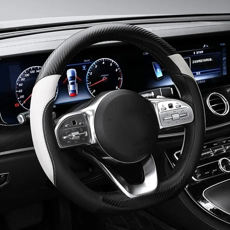 Carbon Fiber Leather Steering Wheel Cover – O/D Shape, Universal Non-Slip Car Accessory - Delicate Leather  