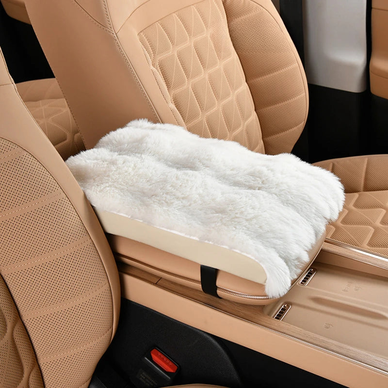 Plush Car Armrest Cushion with Tissue Box – Winter Fluffy Center Console Cover - Delicate Leather  