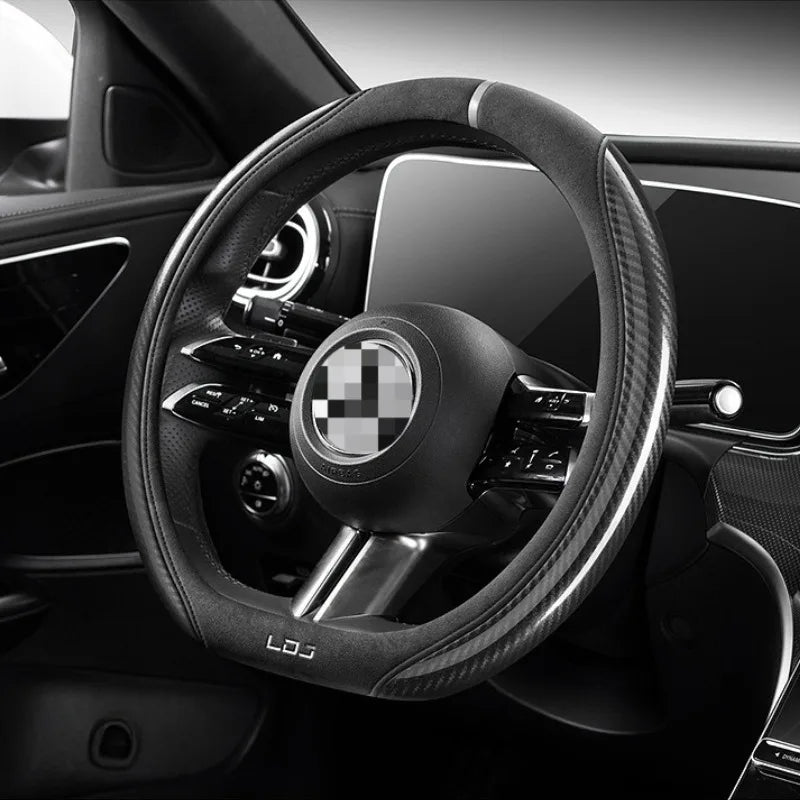 Luxury Suede & Carbon Fiber Steering Wheel Cover – Universal O/D Type Non-Slip Car Steering Protector - Delicate Leather  