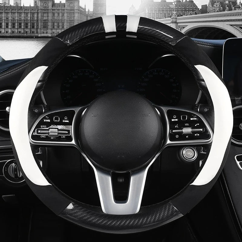 Color-Block Steering Wheel Cover – PU Leather & Suede with Carbon Fiber Style, 14.5–15 Inch Fit - Delicate Leather  