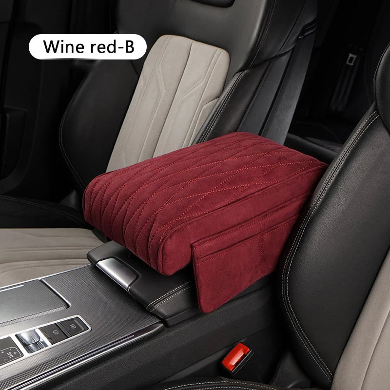 Suede Car Armrest Cushion with Cup Holder – Memory Foam Center Console Pad, Universal Fit, Enhanced Elbow Support - Delicate Leather  