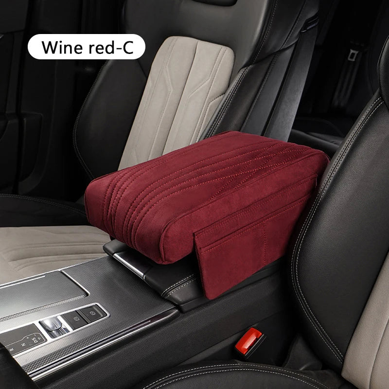 Suede Car Armrest Cushion with Cup Holder – Memory Foam Center Console Pad, Universal Fit, Enhanced Elbow Support - Delicate Leather  