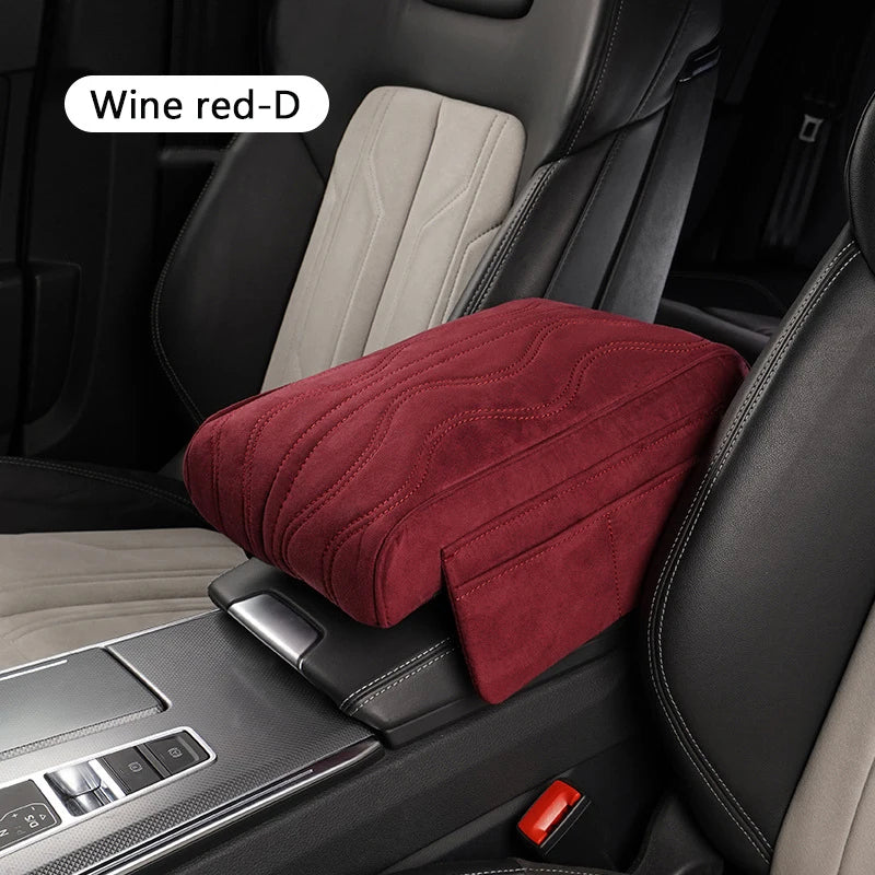 Suede Car Armrest Cushion with Cup Holder – Memory Foam Center Console Pad, Universal Fit, Enhanced Elbow Support - Delicate Leather  