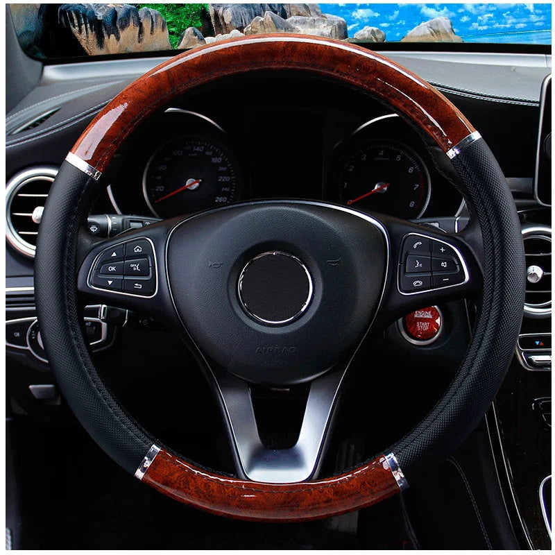 Universal Wood-Grain Leather Steering Wheel Cover – Soft, Anti-Slip, All-Season Fit for 14.5 - 15 inches Wheels - Delicate Leather  
