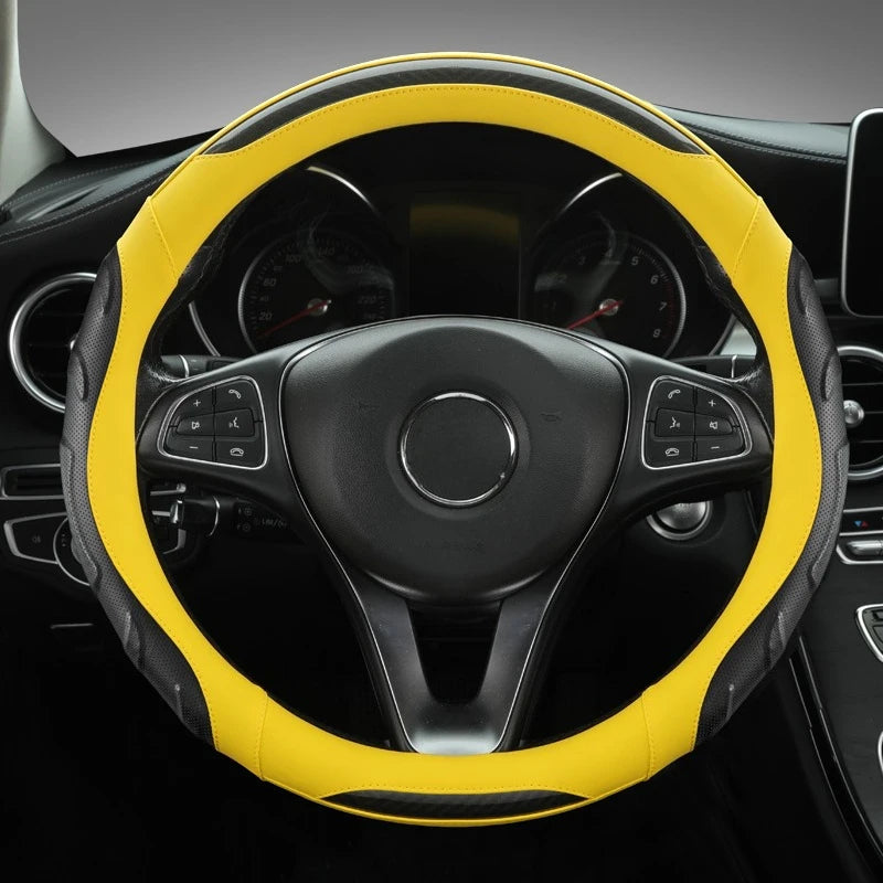 Perforated PU Leather Steering Wheel Cover with Carbon Fiber Texture – Non-Slip & Breathable, Universal Fit for 14.5–15 Inch Wheels - Delicate Leather  