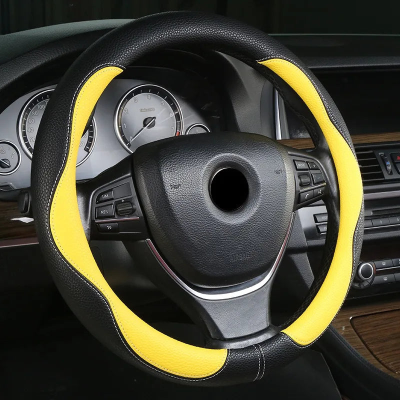 PU Leather Steering Wheel Cover – Anti-Slip 15 Inch Universal Round Interior Accessory - Delicate Leather  
