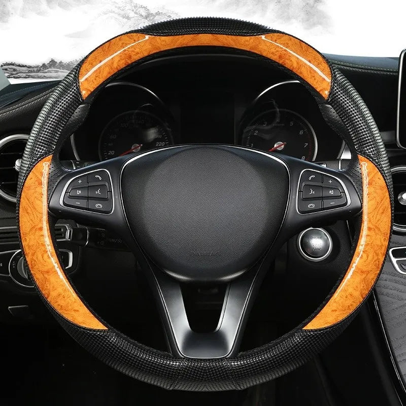 Wood Grain Leather Steering Wheel Cover – Universal 37–38CM Non-Slip O/D Shape Grip - Delicate Leather