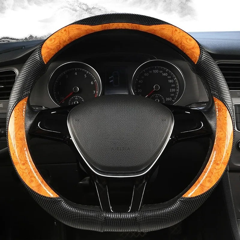 Wood Grain Leather Steering Wheel Cover – Universal 37–38CM Non-Slip O/D Shape Grip - Delicate Leather