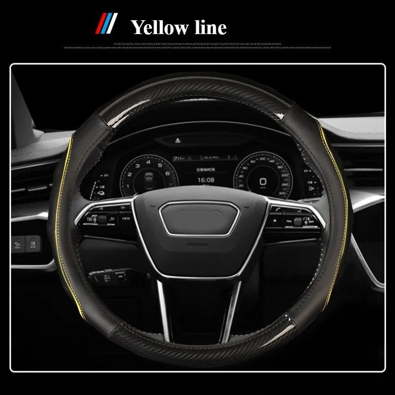 Carbon Fiber & Nappa Leather Steering Wheel Cover – Universal 37–38cm, Non-Slip Silicone Grip, 3D Textured Design, Breathable & Durable - Delicate Leather  