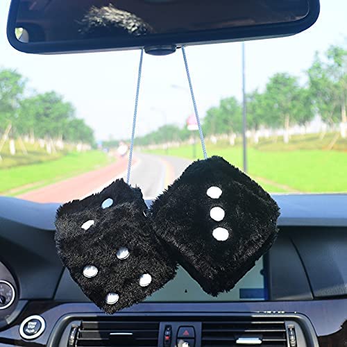Fuzzy Plush Dice for Car Mirror, Pair of Retro 3” Dice with Black Dots for Car Interior Hanging Ornament Decoration, Car Accessories, Custom For Cars