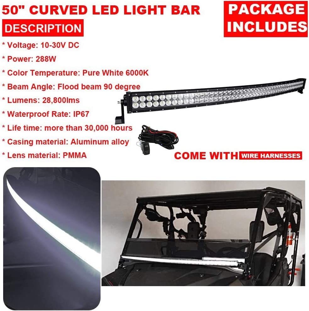 LED Light Bar Kit Compatible with Honda Pioneer 700 1000 Models,50'' 288W LED Light Bar w/Wiring kit & Upper Hood Side Pillar Roll Bar Mounting Brackets - Delicate Leather