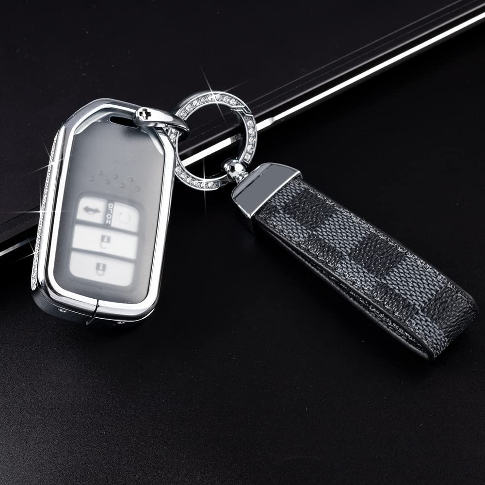 Bling Key Fob Cover Compatible with Honda Accord Civic CRV Pilot HRV Ridgeline HRV Fit Passport Accessories Car Key Case Smart Remote Keys Protection with Keychain 1PC - Delicate Leather