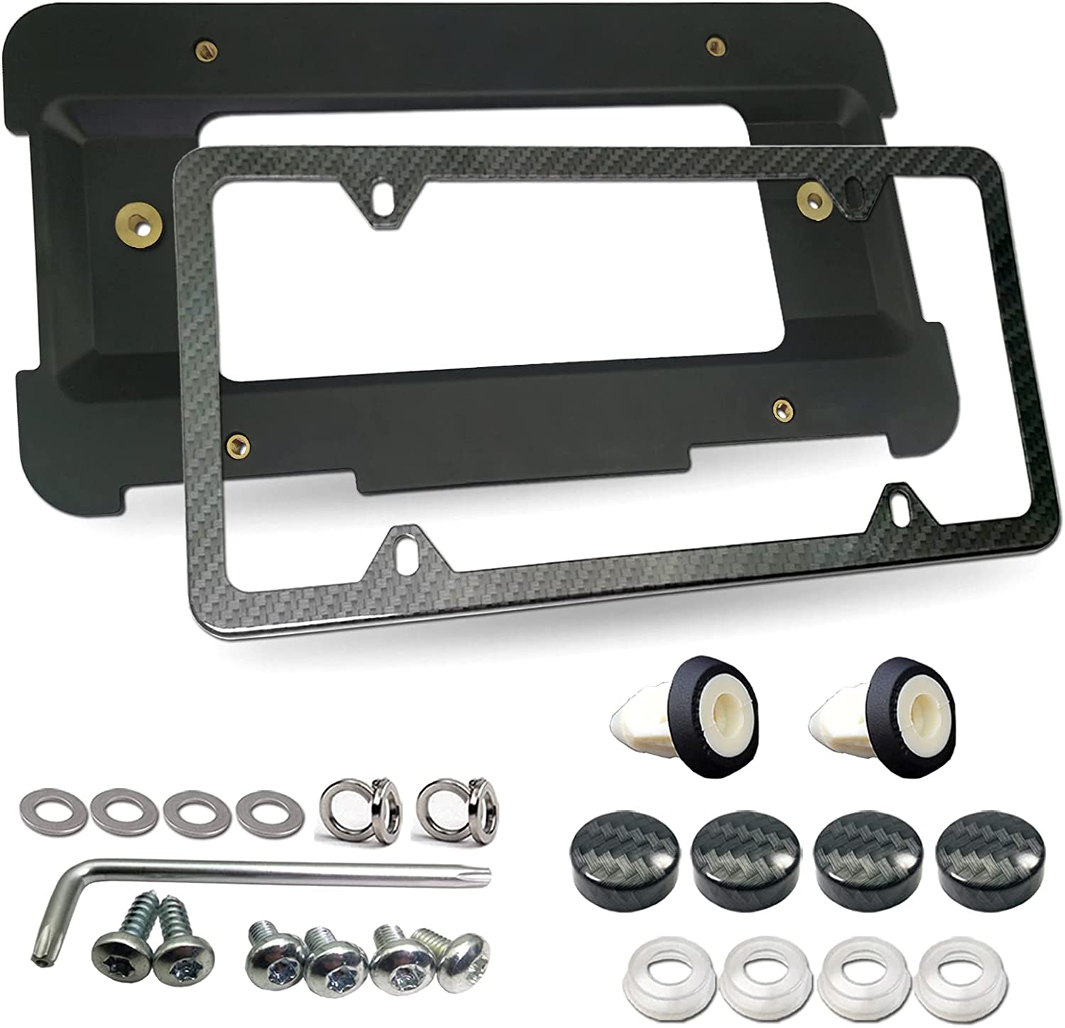 Rear License Plate Holder Bracket For BMW Series & Mini Cooper- Bumper Trunk Mount Tag Adapter with Carbon Fiber Frame, Replace Car Accessories 51187160607 511882380615, Screws Caps Insert Nuts - Delicate Leather