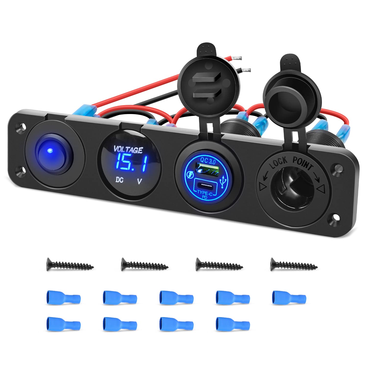 4 in 1 ON/OFF Charger Socket Panel Dual USB Socket Power Outlet & LED Voltmeter &Cigarette Lighter Socket& LED Lighted ON Off Rocker Toggle Switch for Truck Car Marine Boats RV, Custom For Cars