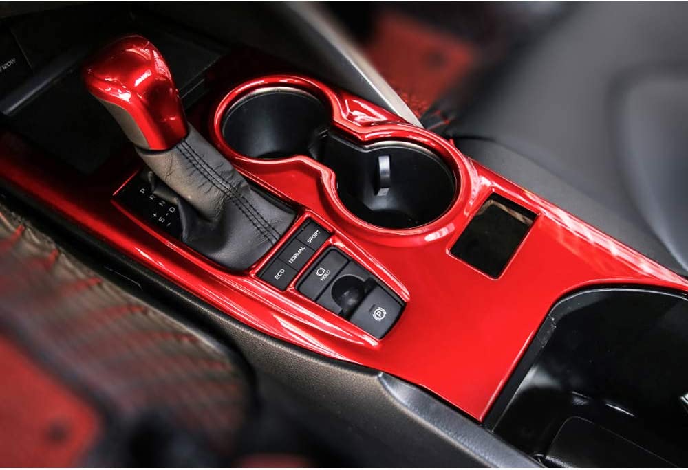1Pcs Red ABS Gear Shift Knob Console Panel Trims Cover Cup Holder Decor Sticker Compatible with Toyota Camry XLE/XSE 2018 2019 2020 2021 2022 2023 - Delicate Leather