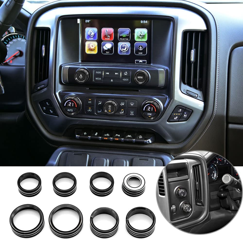 AC Radio Knob Cover Compatible with Chevrolet Chevy Silverado & GMC Sierra 2014-2018 Dash Menu Auto Climate Control Volume Turn Signal 4WD Light Switch Knob Button Cover Trim Ring - Delicate Leather