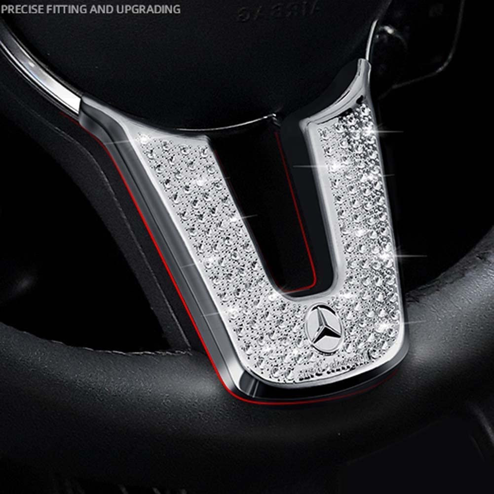 Pursuestar Bling Crystal Round Shape Aluminum Steering Wheel U Cover Car Interior Accessories Trim Sticker Decals for Mercedes Benz A B Class GLA CLA 2019 2020 2021 2022 - Delicate Leather