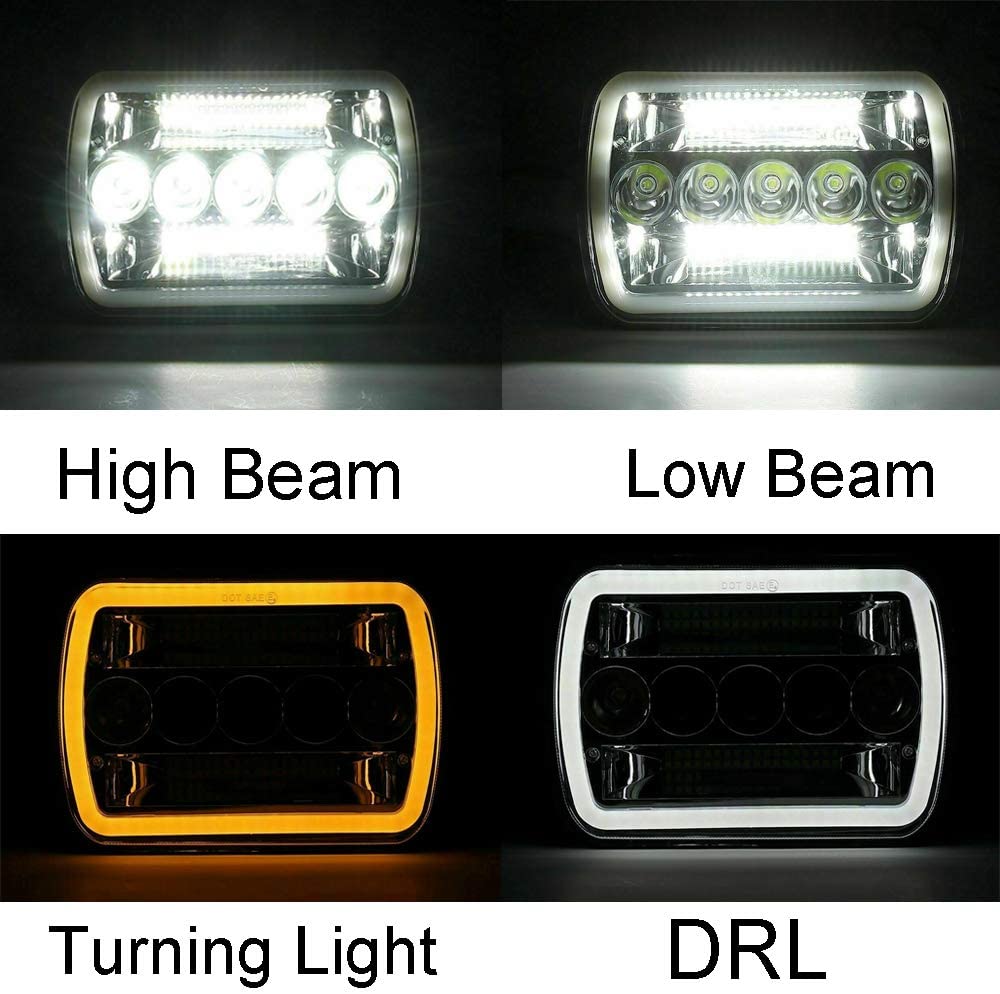 Super Bright Pair 7x6 5x7" Led Headlights 6052 6054 H5054 H6054 Hi/Low Sealed Beam White/Amber Halo Fit For Jeep TJ JK Cherokee XJ YJ Pickup Dodge Ram Ford Chevy Chevrolet Express Nissan - Delicate Leather