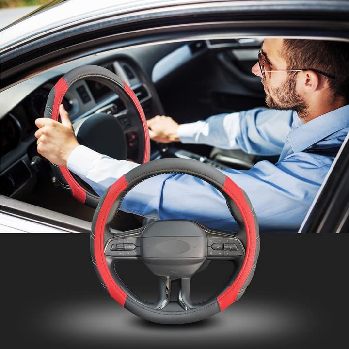 Car Steering Wheel Cover, Anti-Slip, Safety, Soft, Breathable, Heavy Duty,  Thick, Full Surround, Sports Style (Black with Red line)