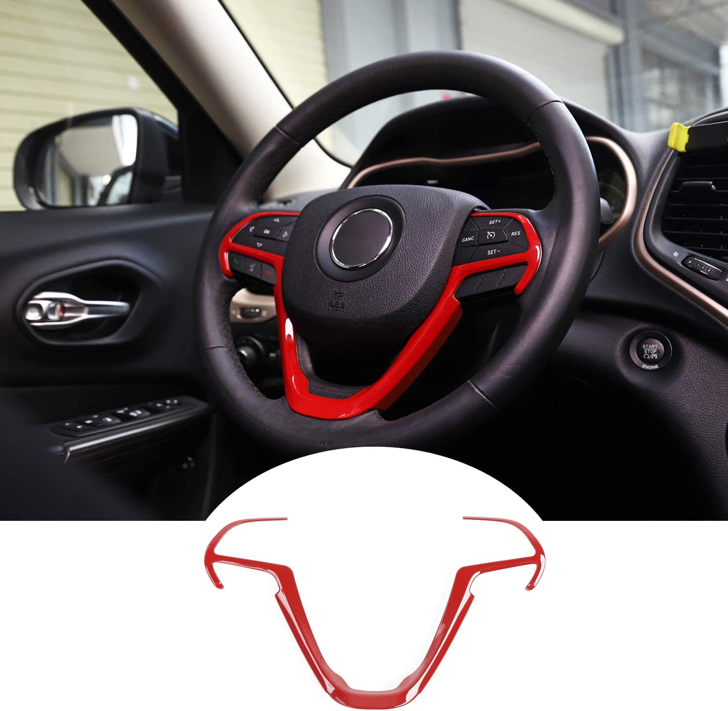 Steering Wheel Trim Cover Interior Decoration Trim Kit for 2014-2020 Jeep Grand Cherokee & Jeep Cherokee, Red - Delicate Leather