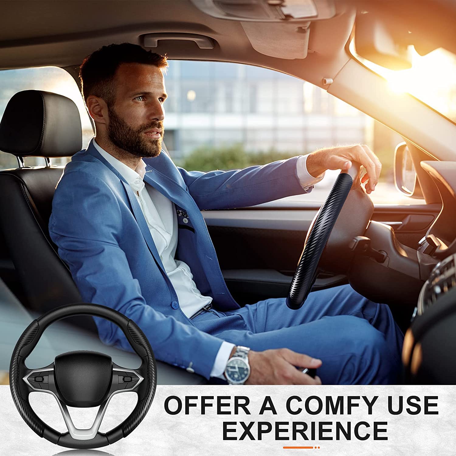 2 Sets Steering Wheel Cover Car Carbon Fiber Steering Wheel Cover for Women and Men Safe and Non Slip Car Accessory, Car Wheel Cover Universal Fit for Most Car Wheel Protector - Delicate Leather