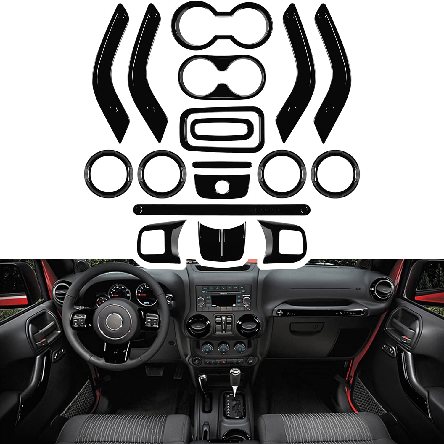 18 PCS Full Set Interior Decoration Trim Kit Steering Wheel Center Console Door Handle Air Conditioning Vent Cup Holder Gear Cover Trim Compatible with Wrangler JK JKU 2011-2018 4-Door