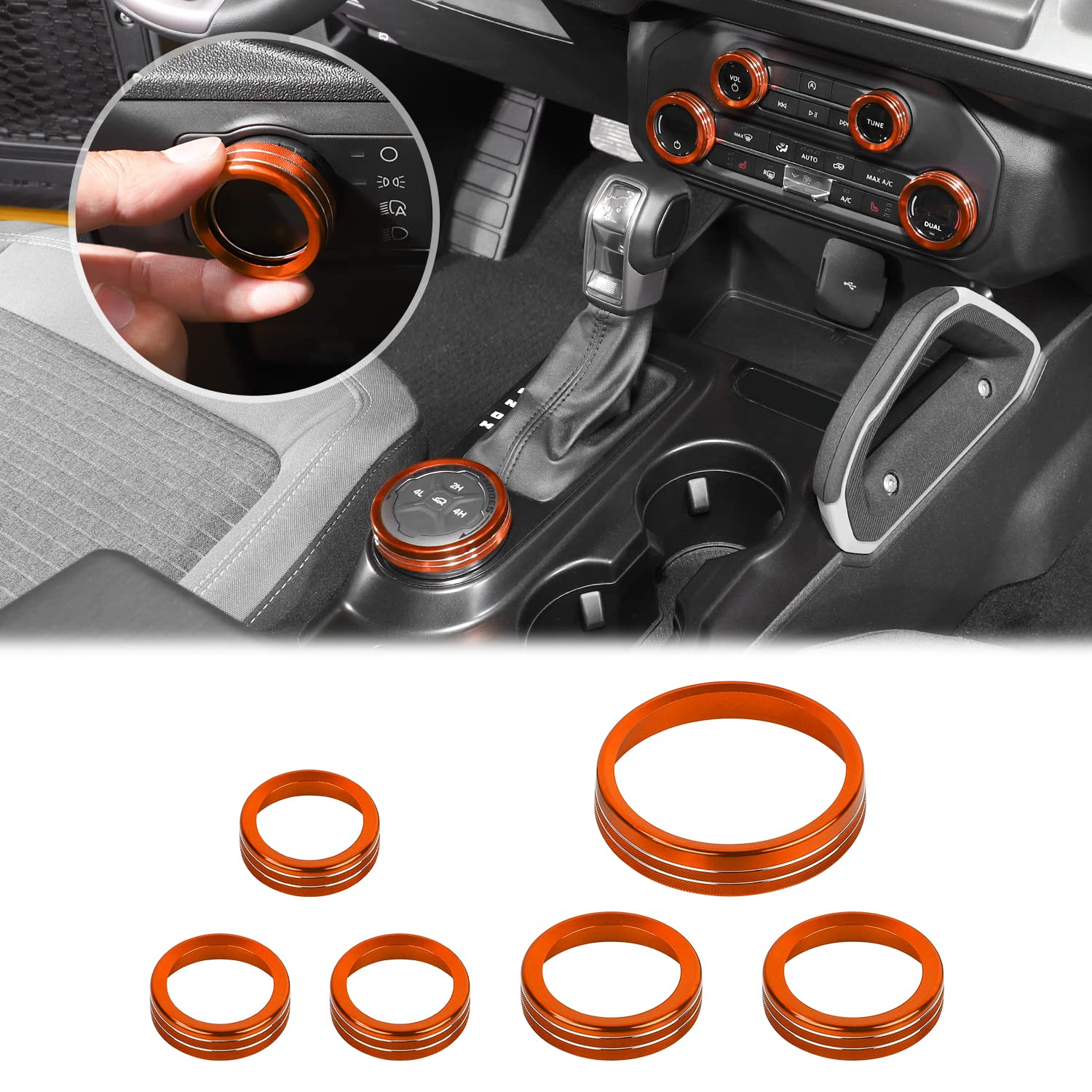 Air Conditioner Headlight Switch Knob 4WD Wheel Drive Trailer Gear Switch Knob Cover for 2021-2022 Ford Bronco Accessories Aluminum Alloy 6PCS?Don't fit Bronco Sport?