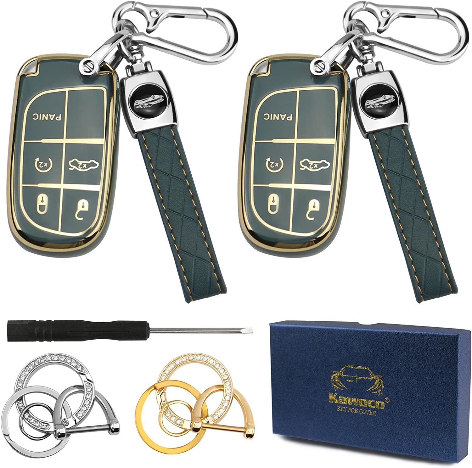 2Set Gift Package for jeep key fob cover with for jeep keychain, Compatible with jeep grand cherokee key fob cover, Blue - Delicate Leather