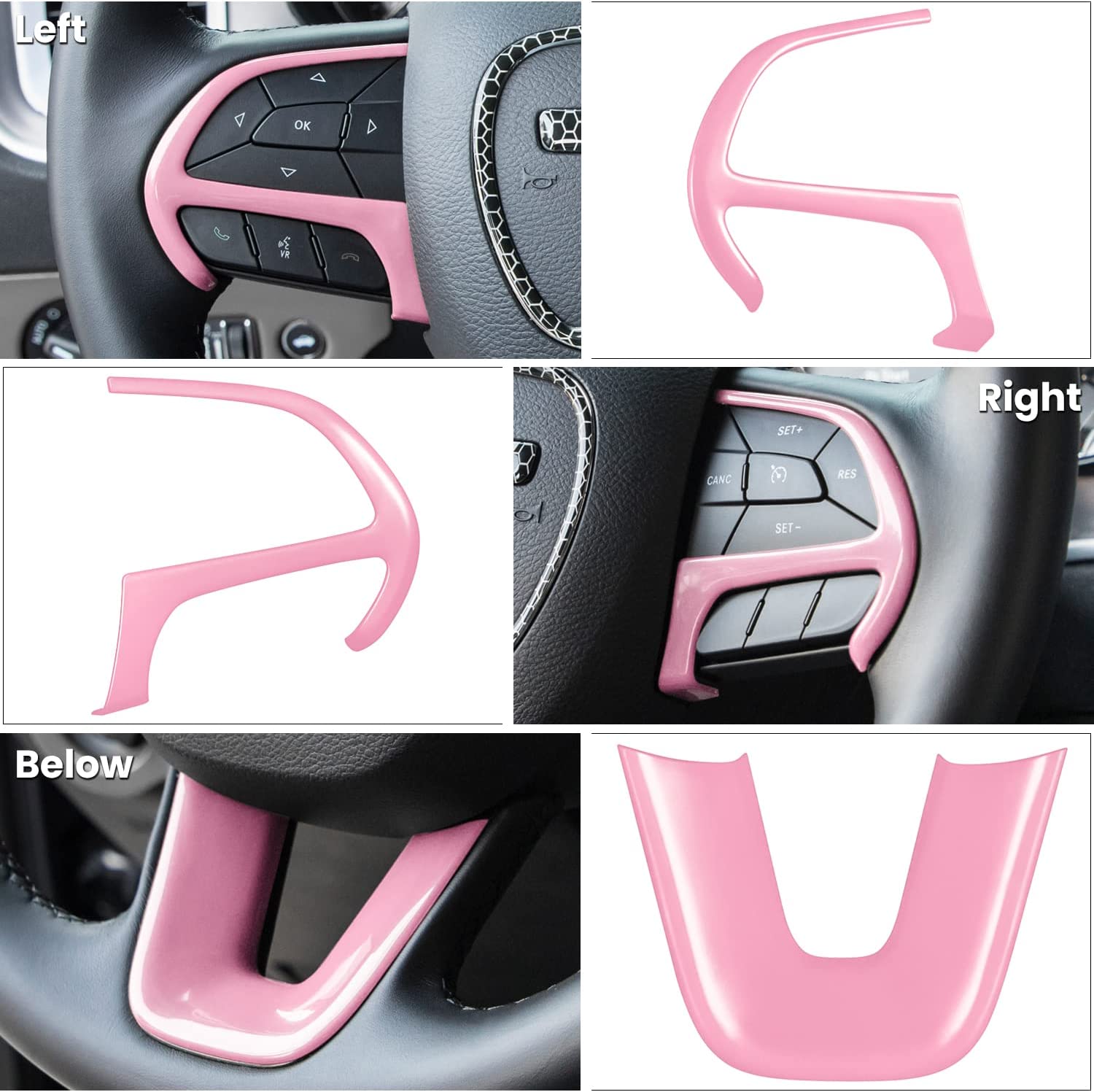 Steering Wheel Cover Trim Interior Accessories Decoration Kit for 2015-2021 Dodge Challenger Charger, for 2014-2021 Dodge Durango & Jeep Grand Cherokee SRT8 (Pink 3PCS) - Delicate Leather