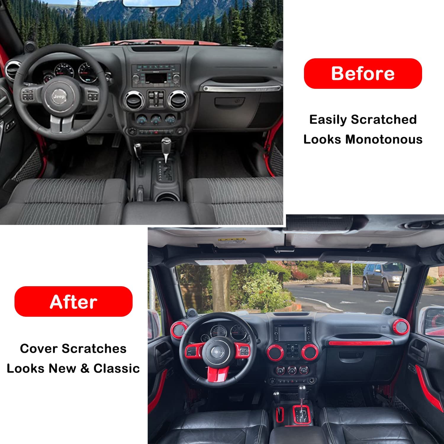 21 PCS Full Set Interior Decoration Trim Kit - Door Handle & Cup Cover, Steering Wheel & Center Console Trim, Gear Shift Knobs Frame & Air Outlet Cover Compatible with Jeep Wrangler JK JKU 2011-2018 2 & 4-Door - Delicate Leather