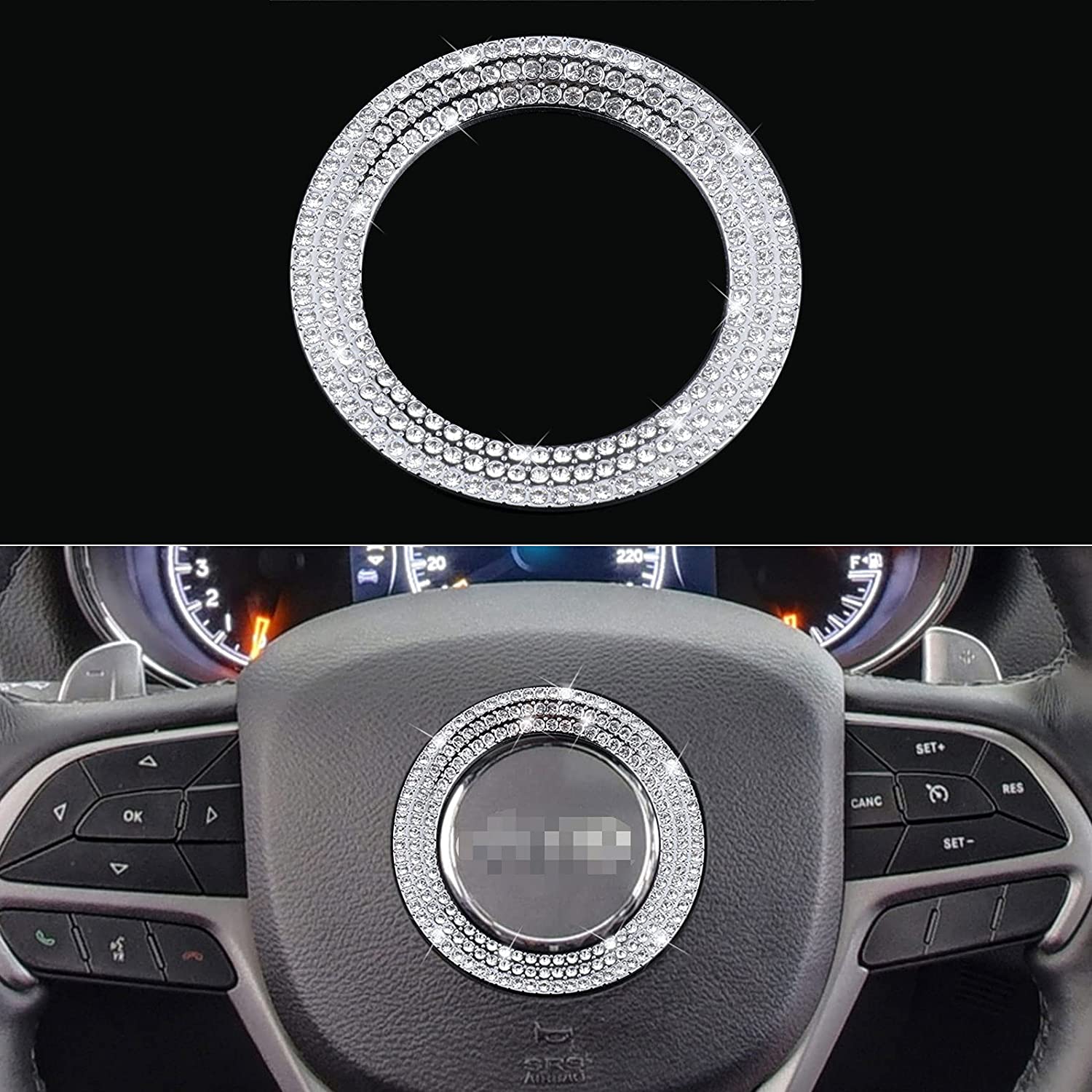 Bling Car Accessories for Women Compatible with Jeep Steering Wheel Logo, Rhinestone Diamond Car Decorations Interior Decal Sticker Fit for Jeep Wrangler Cherokee Compass Renegade Gladiator - Delicate Leather