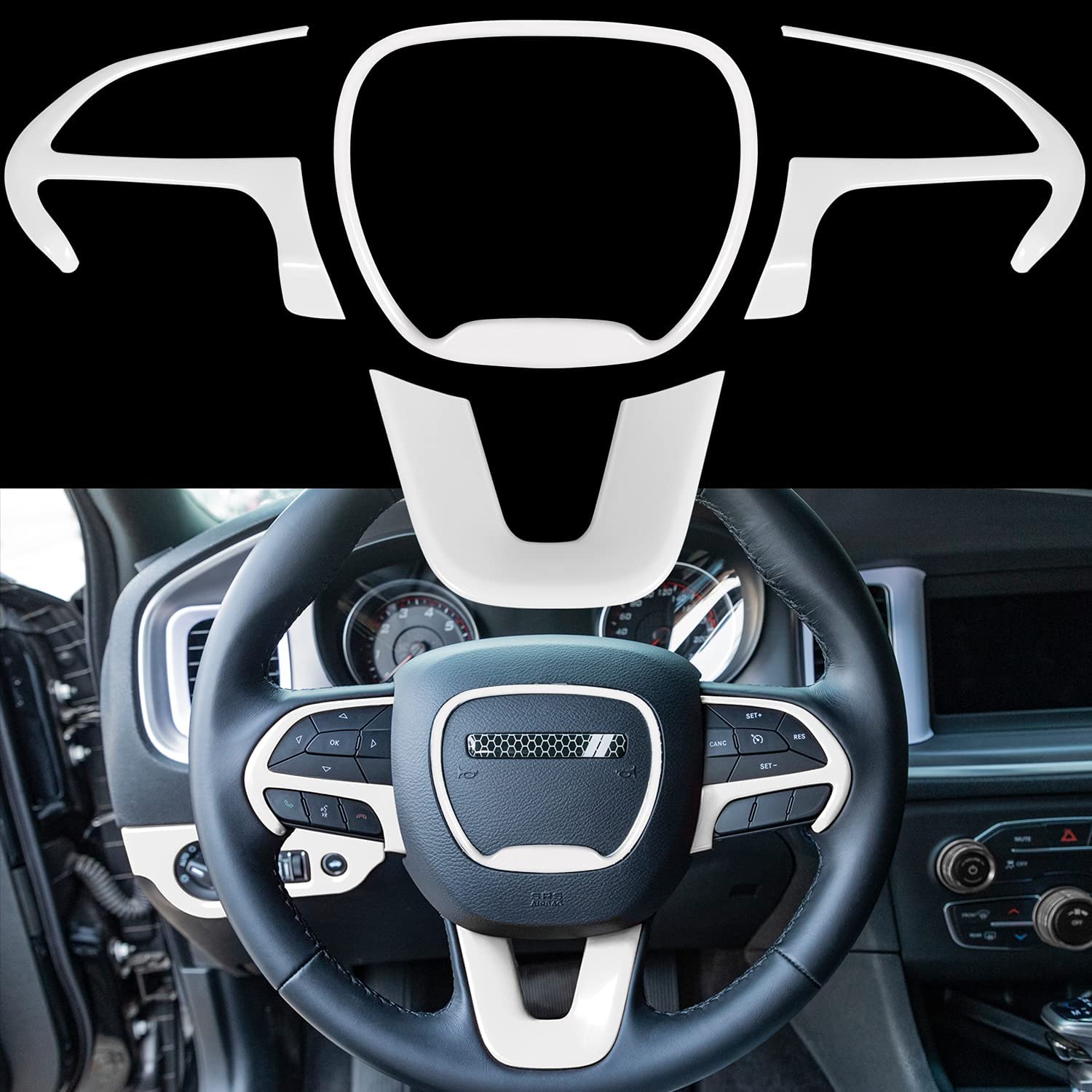 Steering Wheel Cover Trim Interior Accessories for 2015-2021 Dodge Challenger & Charger, for 2014-2021 Dodge Durango for Jeep Grand Cherokee SRT8 (white) - Delicate Leather