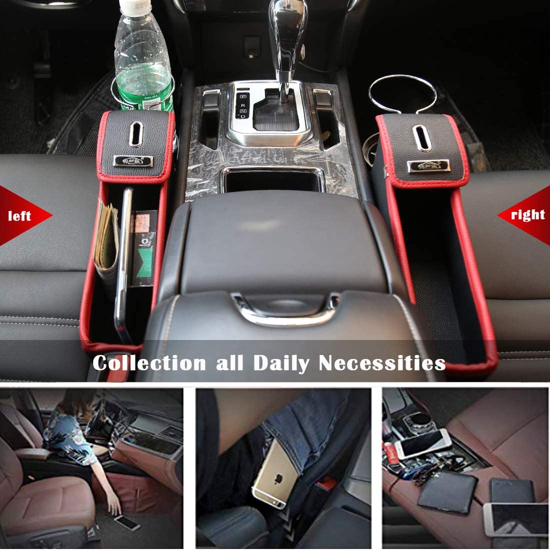 Universal Car Seat Gap Filler, Custom For Cars, Premium PU Leather Side Pocket Organizer, Seat Crevice Storage Box with Cup Holder for Smartphone Coin Wallet Key, Car Interior Accessories 2PCS - Delicate Leather