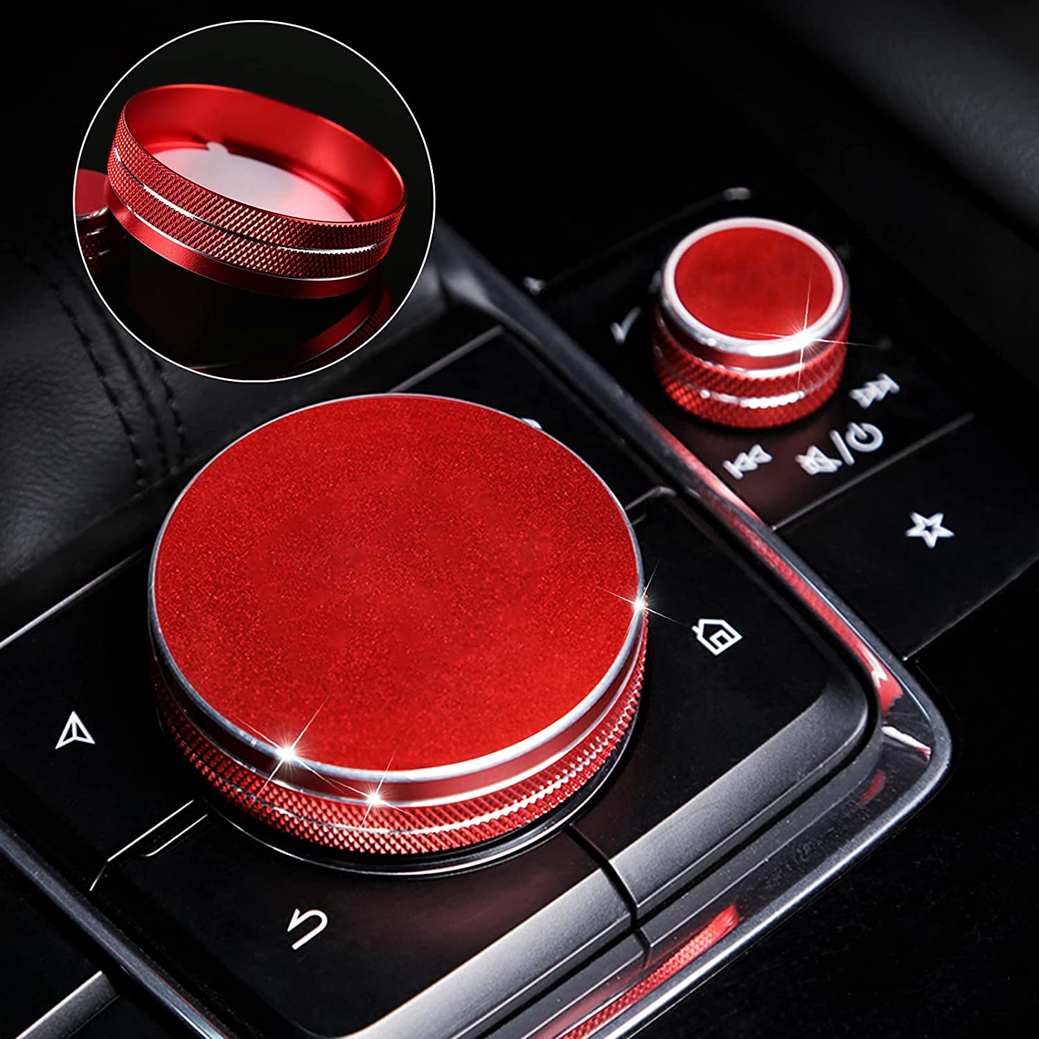 2 PCS Compatible with Mazda 3 CX-30 2023 2022 2021 2020 2019 Accessories Sporty Car Interior Gear Panel Gears Volume Button & Multimedia Knob Cover Trims Caps - Delicate Leather