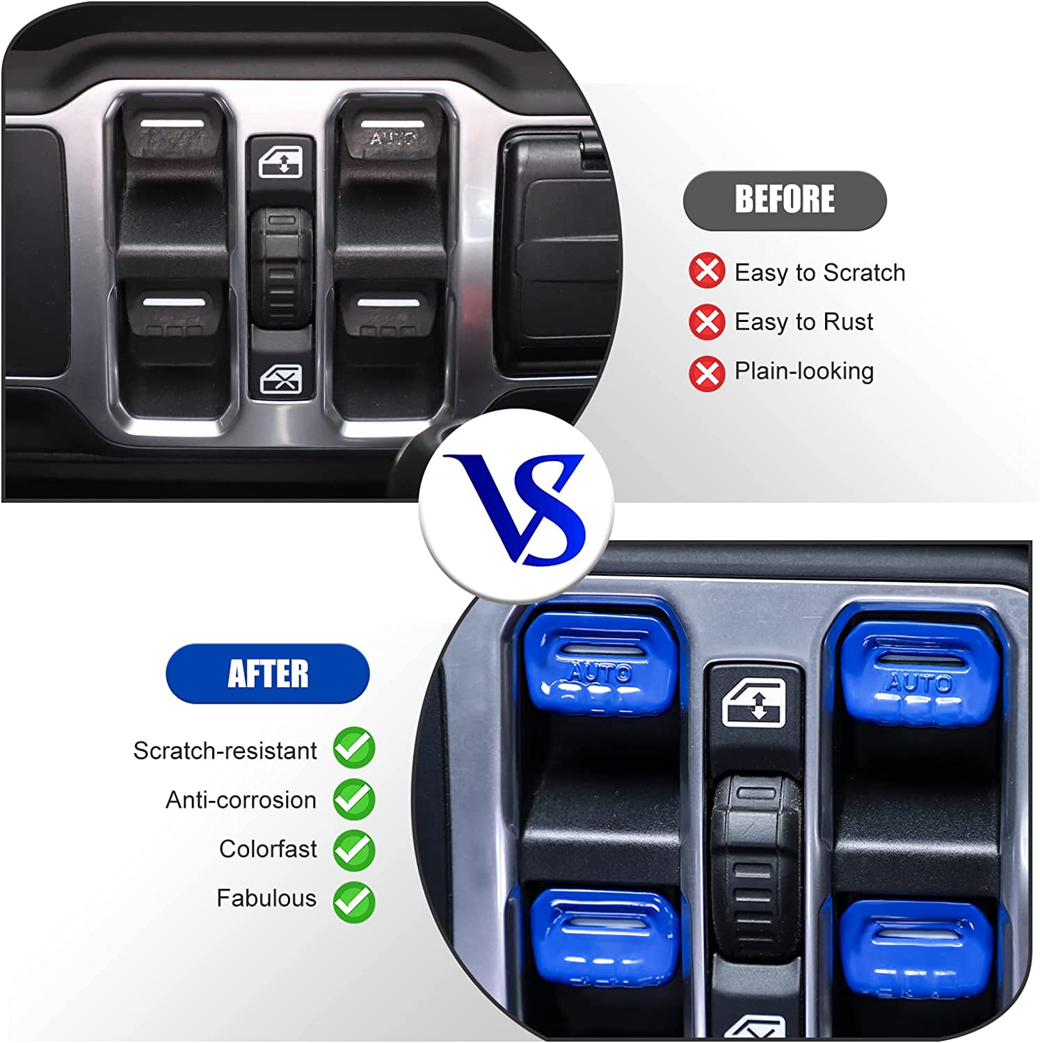 4PCS Car Window Switch Button Cover Trim Interior Accessories Compatible with Jeep Wrangler JL JLU Gladiator JT 2018-2021 (Dark Blue) - Delicate Leather