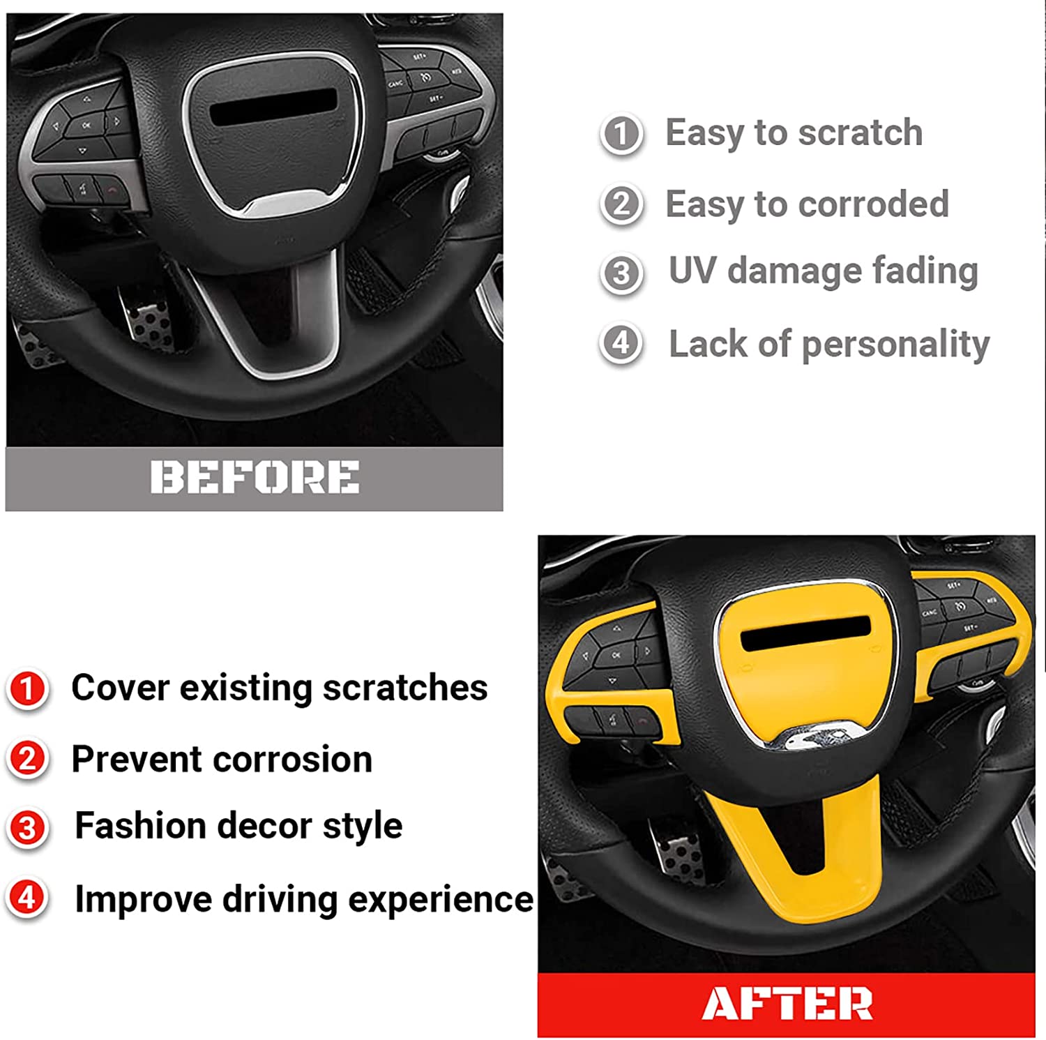 Steering Wheel Cover Trim for 2014-2019 Dodge Durango, 2015-2020 Dodge Charger Challenger, Jeep Grand Cherokee SRT8, ABS 4 Pcs - Delicate Leather