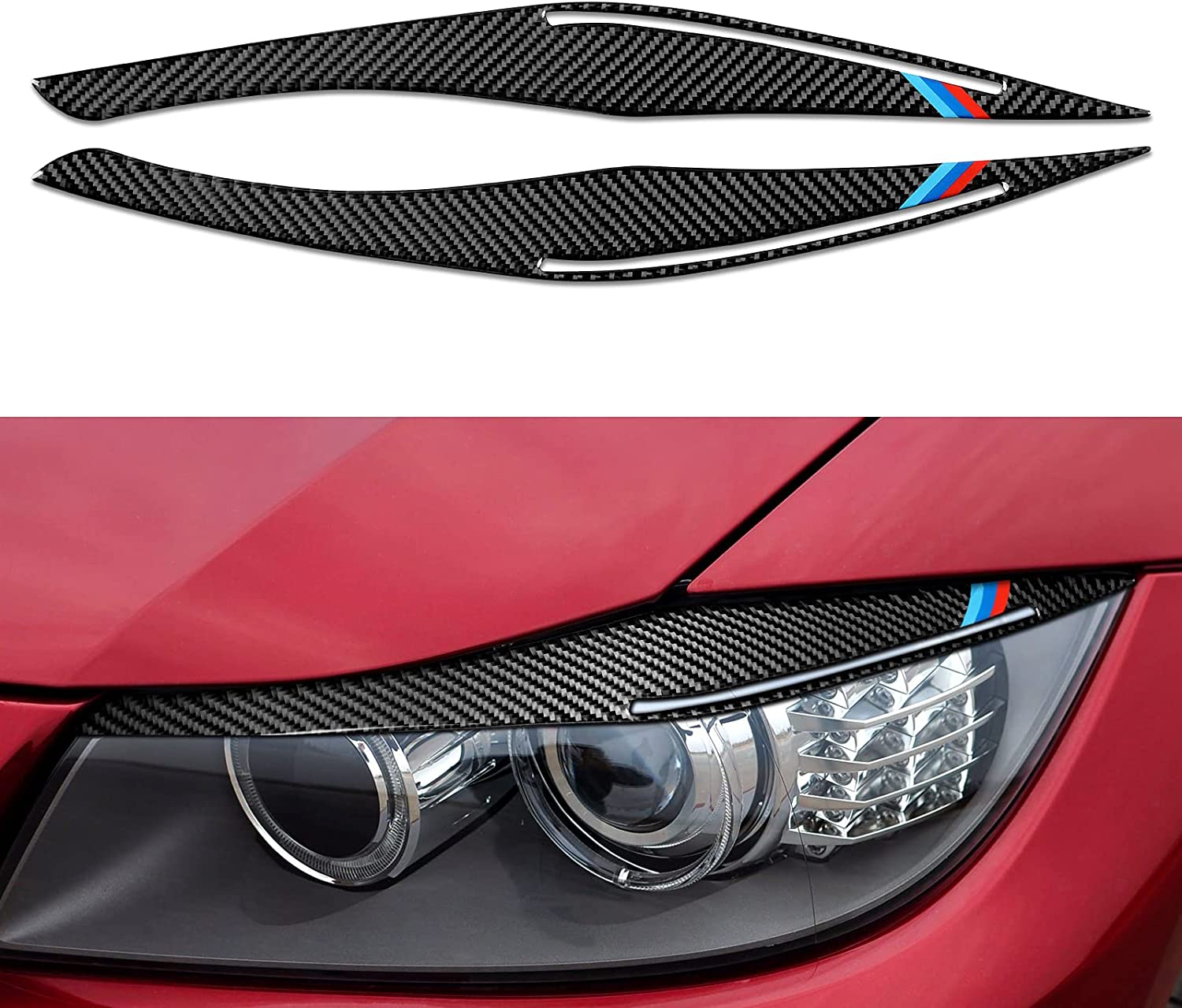 2PCS Headlights Eyebrows Car Eyelids Stickers Carbon Fiber Trim Cover Compatible with BMW Accessories -- ONLY for E90 2009-2012 - Delicate Leather