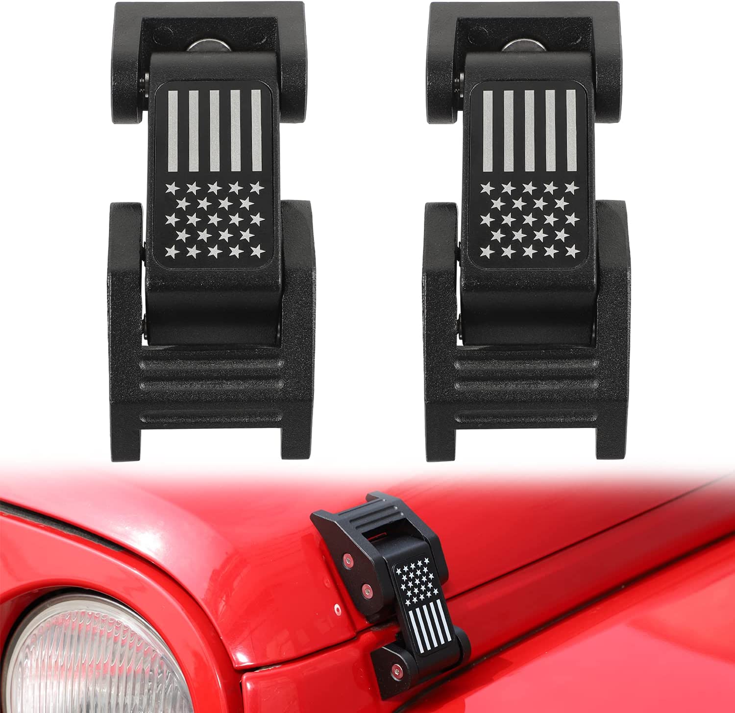 2PC Aluminum Hood Latches Catch Kit with U.S. Flag Style for Jeep Wrangler JK JKU 2007-2018 - Delicate Leather