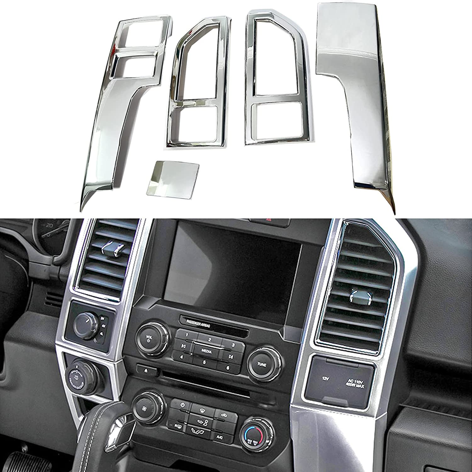 F150 Chrome Central Console Air Conditioner Panel Trim for 2015 2016 2017 2018 2019 2020 Ford F150, 5pcs - Delicate Leather