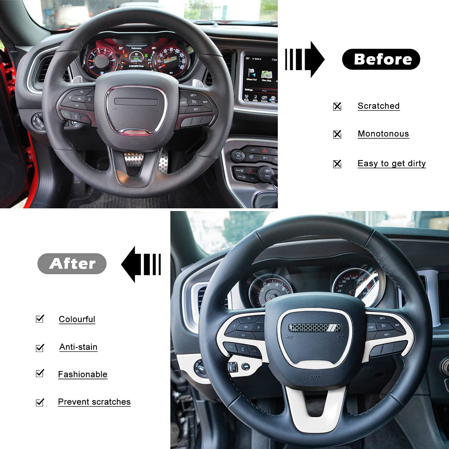Steering Wheel Cover Trim Interior Accessories for 2015-2021 Dodge Challenger & Charger, for 2014-2021 Dodge Durango for Jeep Grand Cherokee SRT8 (white) - Delicate Leather