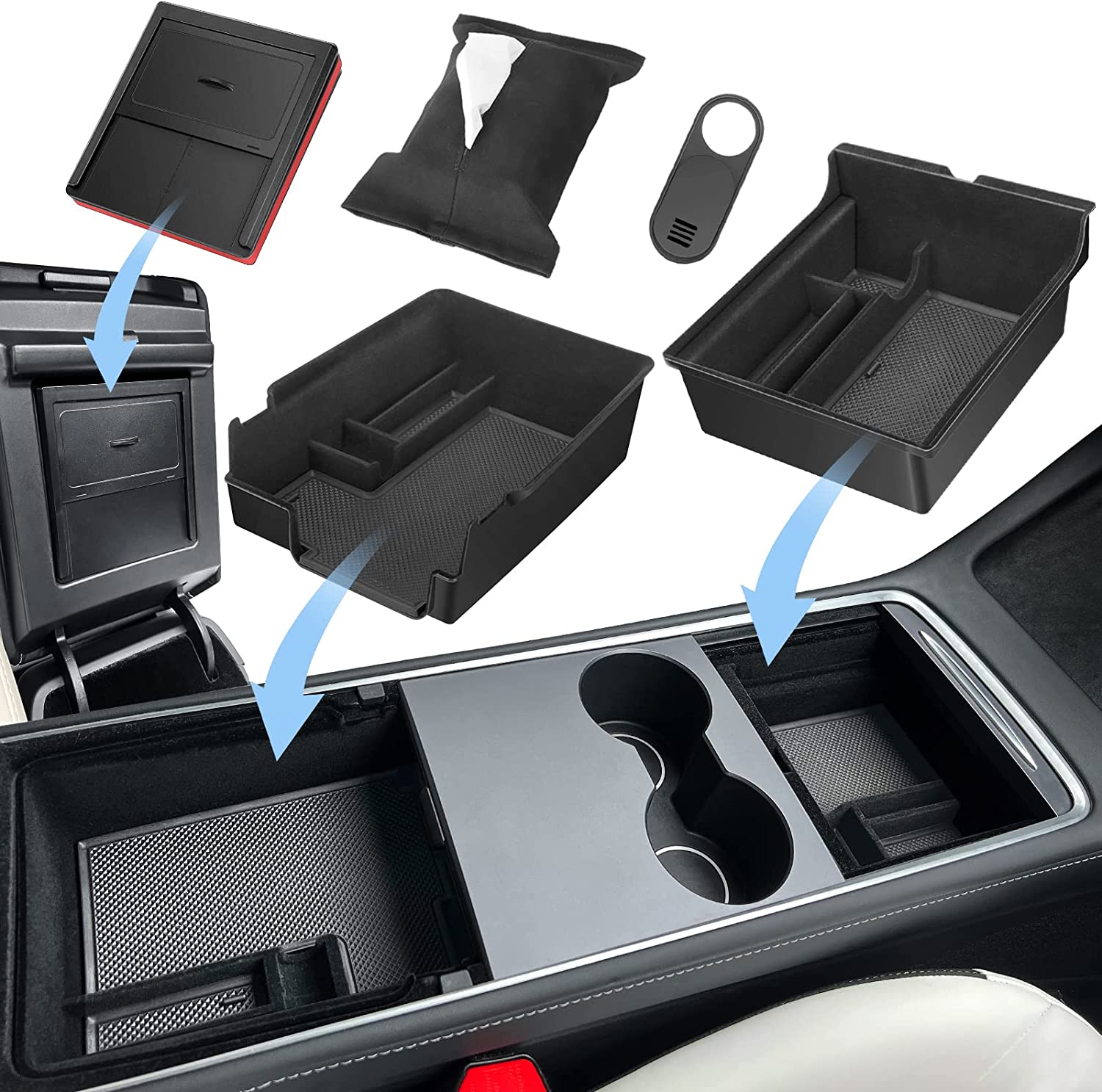 (5 Pack) 3PC Upgraded Center Console Organizer Tray Compatible for 2022 2021 Tesla Model 3 Model Y Accessories Flocked/Silicone Armrest Hidden Drawer Storage Box 1PC Webcam Cover 1PC Tissue Holder - Delicate Leather