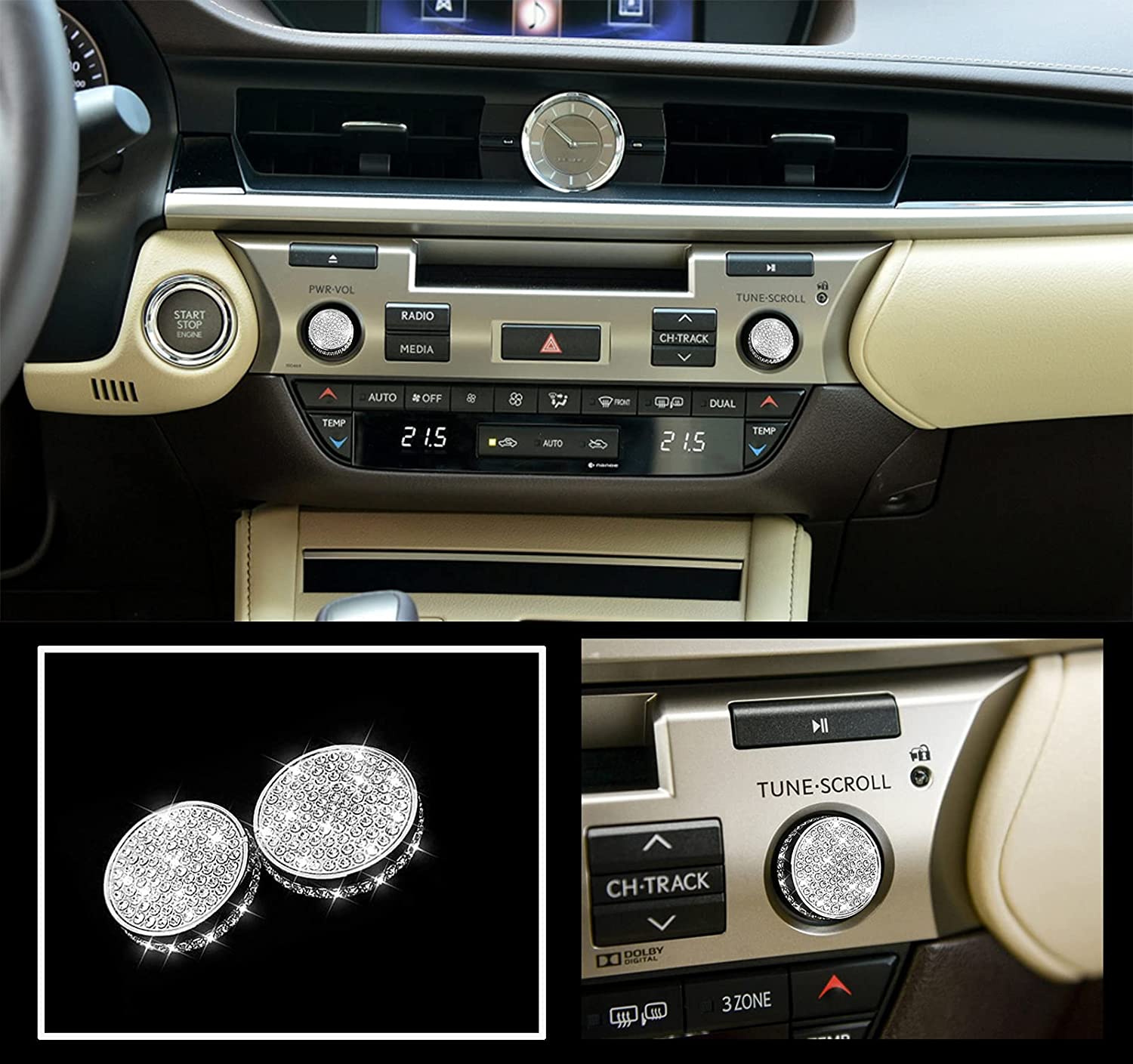 Bling Crystal Diamond Interior Multimedia Volume Audio knobs Accessory Compatible for Lexus NX 200 300 ES 200 250 350 ES:2014-2017, NX:2015-2020 - Delicate Leather