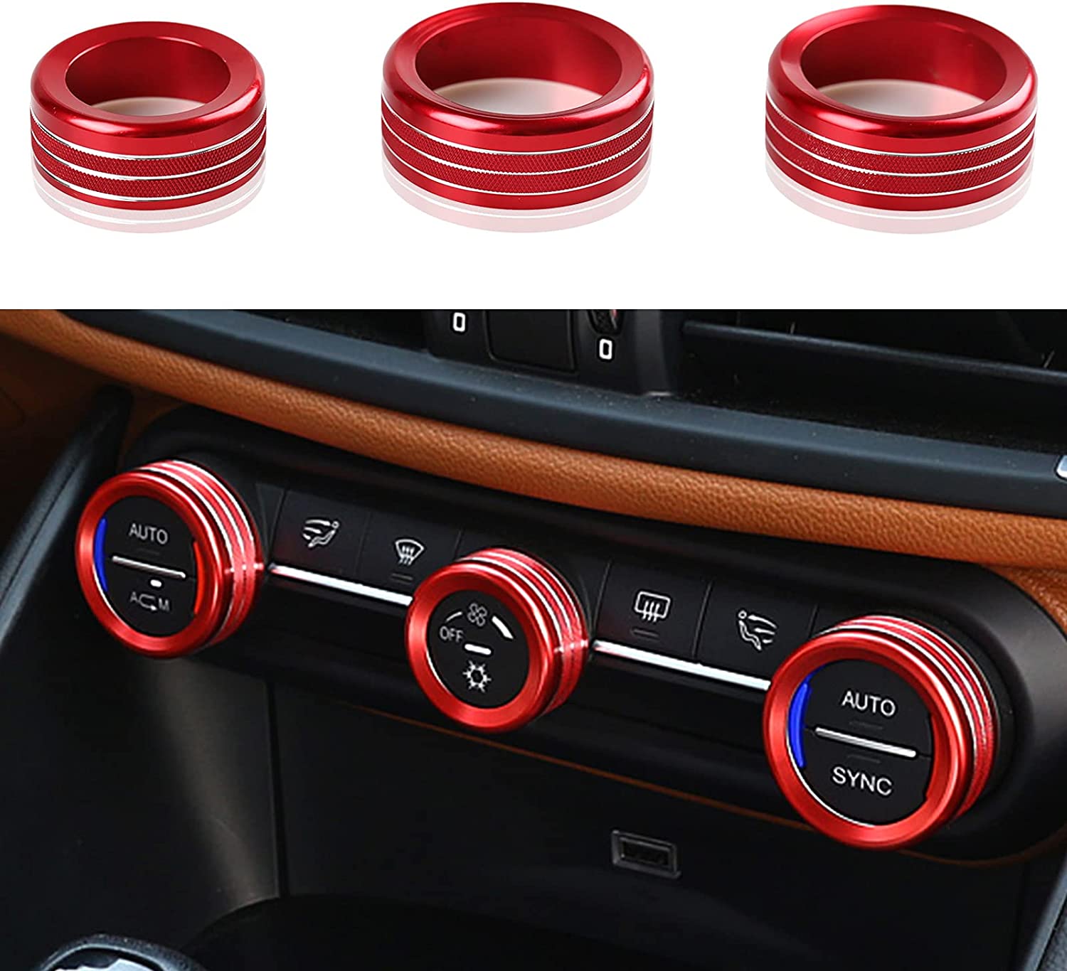 3PCS Car AC Knob Trim Air Conditioner Audio Cover Rotary Decoration Ring Sticker Decal Compatible with Alfa Romeo Giulia Stelvio 2017 2018 2019 Car Accessories - Delicate Leather