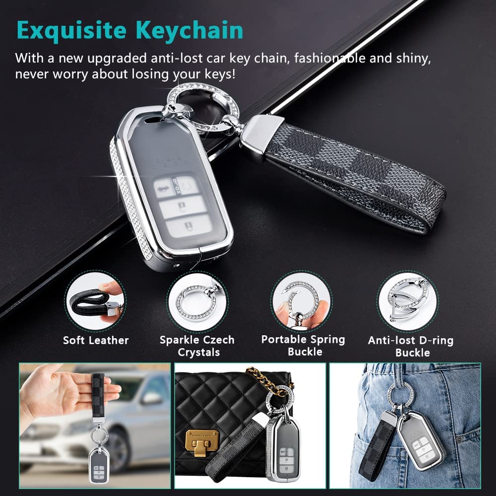 Bling Key Fob Cover Compatible with Honda Accord Civic CRV Pilot HRV Ridgeline HRV Fit Passport Accessories Car Key Case Smart Remote Keys Protection with Keychain 1PC - Delicate Leather