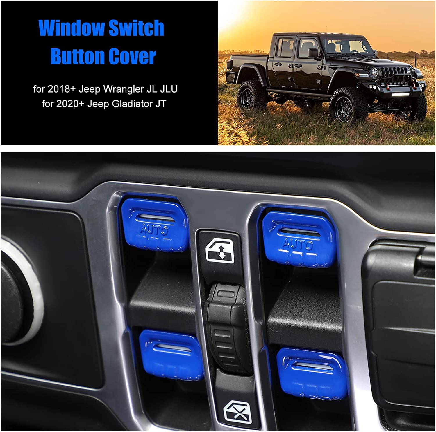 4PCS Car Window Switch Button Cover Trim Interior Accessories Compatible with Jeep Wrangler JL JLU Gladiator JT 2018-2021 (Dark Blue) - Delicate Leather