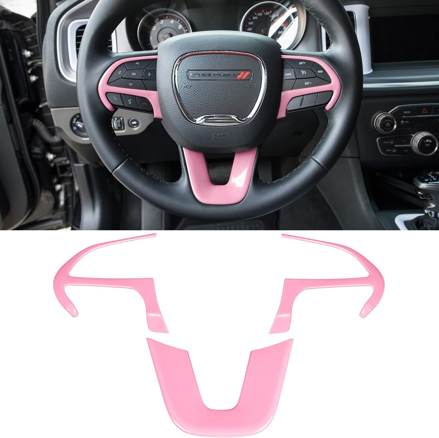 Steering Wheel Cover Trim Interior Accessories Decoration Kit for 2015-2021 Dodge Challenger Charger, for 2014-2021 Dodge Durango & Jeep Grand Cherokee SRT8 (Pink 3PCS) - Delicate Leather