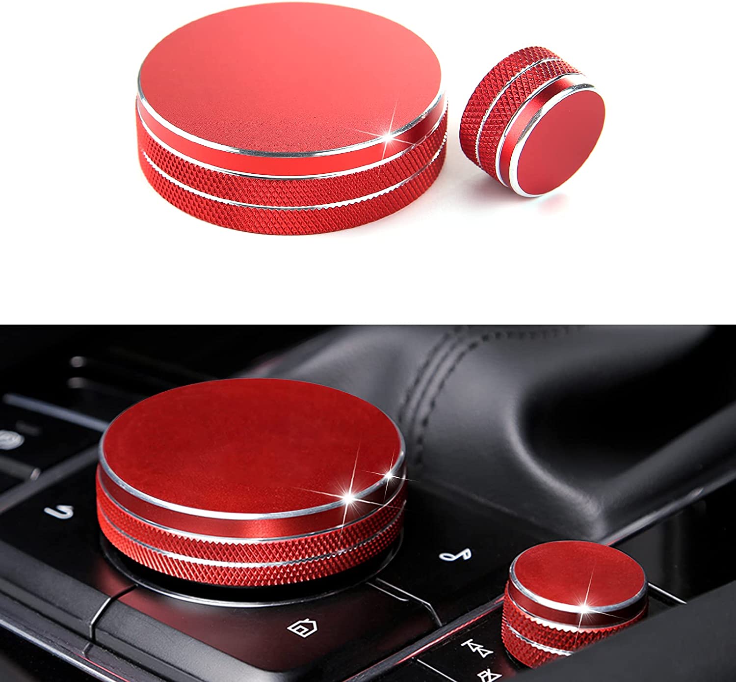 2 PCS Compatible with Mazda 3 CX-30 2023 2022 2021 2020 2019 Accessories Sporty Car Interior Gear Panel Gears Volume Button & Multimedia Knob Cover Trims Caps - Delicate Leather